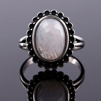 Round Oval Big Natural Moonstones Rings Women's Silver Plated Rings Gifts Vintage Fine Jewelry