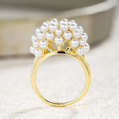 Huitan Elegant Women Rings Imitation Pearl Flower Shaped Romantic Wedding Engagement Anniversary Accessories Sweet Jewelry Gift