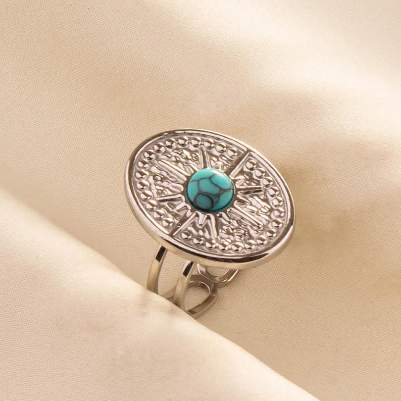 1pc Stainless Steel Boho Turquoise Open Finger Rings Trendy Adjustable Women Ethnic Multi Layers Stackable Anillos Jewelry