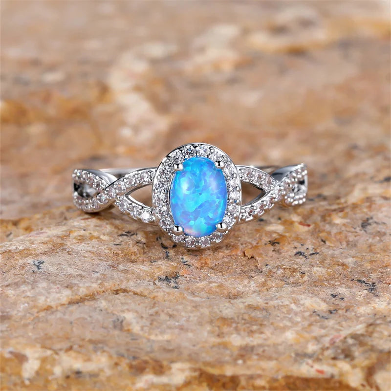 Small Oval Stone Blue Opal Ring White Zircon Hollow Infinity Engagement Rings For Women Trendy Silver Color Wedding Band Jewelry