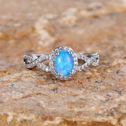 Small Oval Stone Blue Opal Ring White Zircon Hollow Infinity Engagement Rings For Women Trendy Silver Color Wedding Band Jewelry