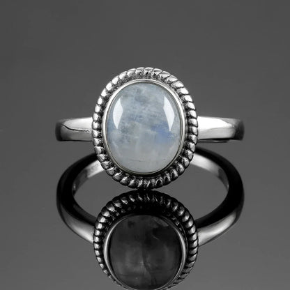 Round Oval Big Natural Moonstones Rings Women's Silver Plated Rings Gifts Vintage Fine Jewelry