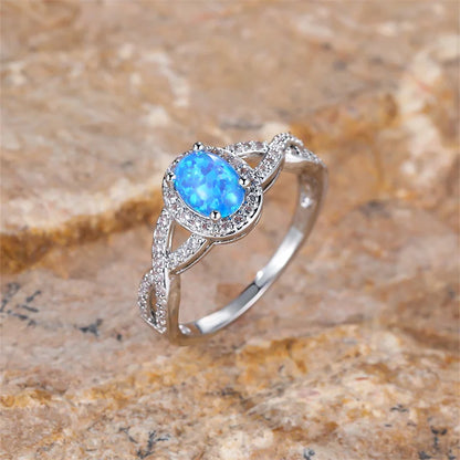 Small Oval Stone Blue Opal Ring White Zircon Hollow Infinity Engagement Rings For Women Trendy Silver Color Wedding Band Jewelry