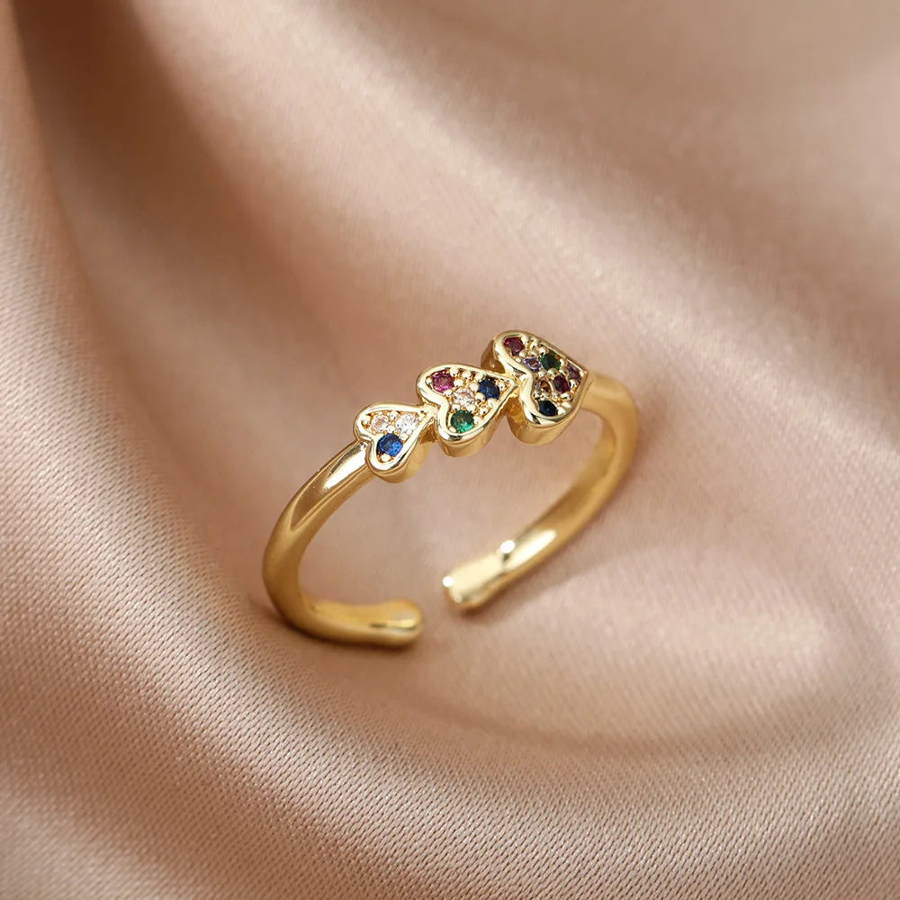 Sweet Heart Zirconia Rings for Women Stainless Steel Gold-Plated Layered Design Everyday Wear Valentine's Day Party Jewelry Gift