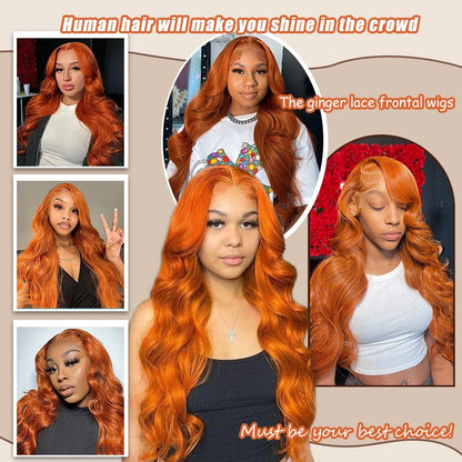 Ginger Orange Body Wave Lace Front Wig – #350 Pre-Plucked 13x6 & 13x4, 200%