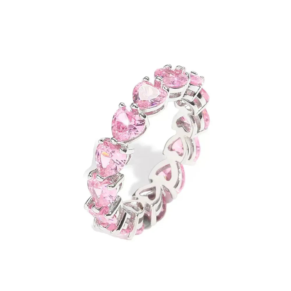 925 Silver Women Jewerly Accessories Ring Size 6 7 8 9 Pink Heart CZ Stone Red Black Rings DIY Birthday Gift Party