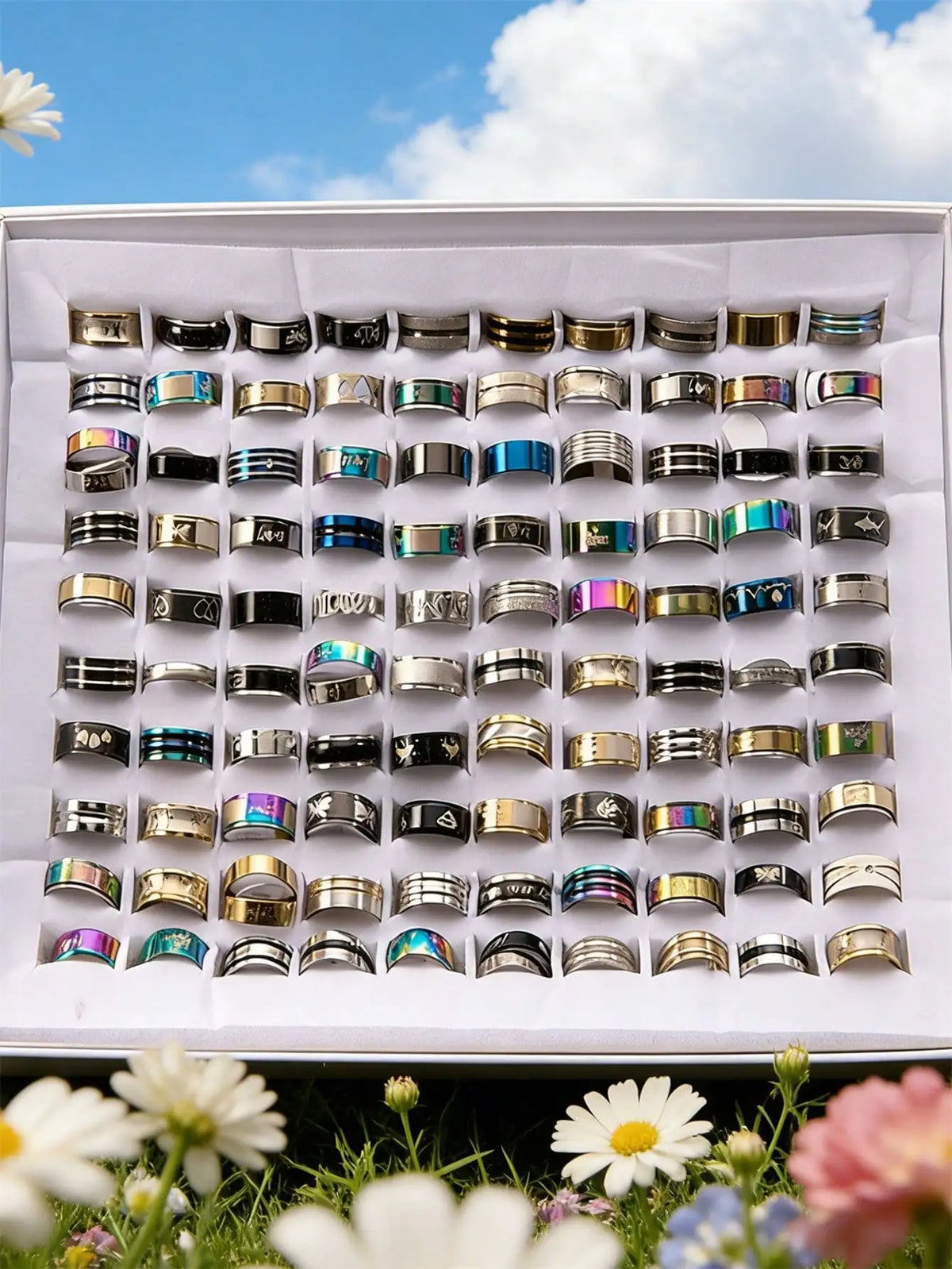 5/10/20/30/50/100/200pcs Stainless Steel Chain Rings, Mixed Punk Hip-Hop Rhinestone Inlaid Couple Rings, Finger Jewelry