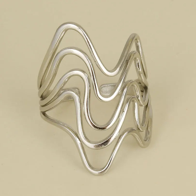 1Pc Stainless Steel Waterproof Women Personality Textured Chunky Open Rings Vintage Hollow Irregular Multi-layer Anillos Jewelry