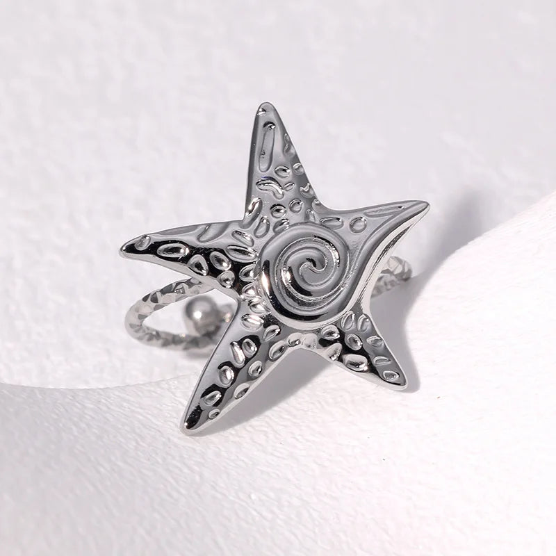 Bohemian Stainless Steel Ring Woman Vintage Jewelry Starfish Heart-Shaped Geometry Adjustable Open Rings Prom Accessories Gift