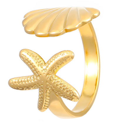 MHS.SUN Ocean Style Stainless Steel Starfish Shell Rings For Women Men Vintage Gold Plated Open Ring Summer Beach Jewelry