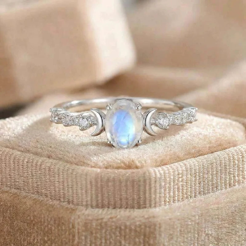 925 Sterling Silver Imitation Opal Moon Rings for Women Aesthetic Wedding Accessories Fancy Anniversary Gift Statement Jewelry
