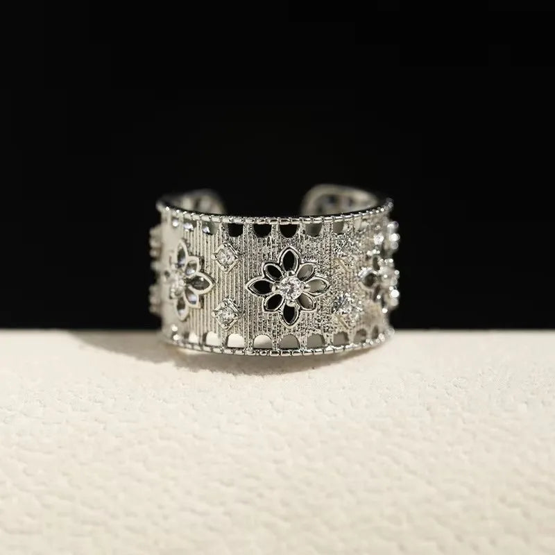 VENTFILLE 925 Sterling Silver Flower Lace Ring Korean Fashion Opening Inlaid CZ Adjustable Rings Valentine's Day Gift