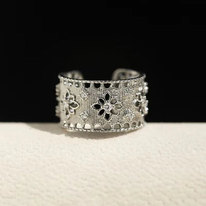VENTFILLE 925 Sterling Silver Flower Lace Ring Korean Fashion Opening Inlaid CZ Adjustable Rings Valentine's Day Gift