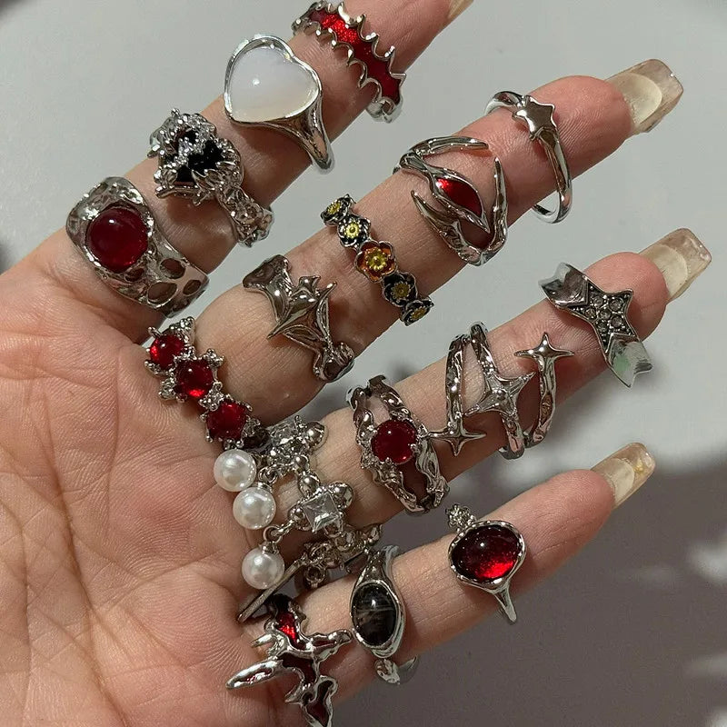 Goth Red Crystal Butterfly Heart Open Rings for Women Trend Vintage Adjustable Finger Rings Halloween Jewelry