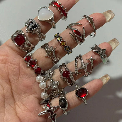 Goth Red Crystal Butterfly Heart Open Rings for Women Trend Vintage Adjustable Finger Rings Halloween Jewelry