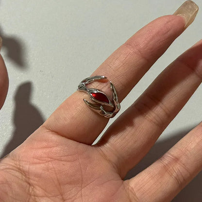Goth Red Crystal Butterfly Heart Open Rings for Women Trend Vintage Adjustable Finger Rings Halloween Jewelry
