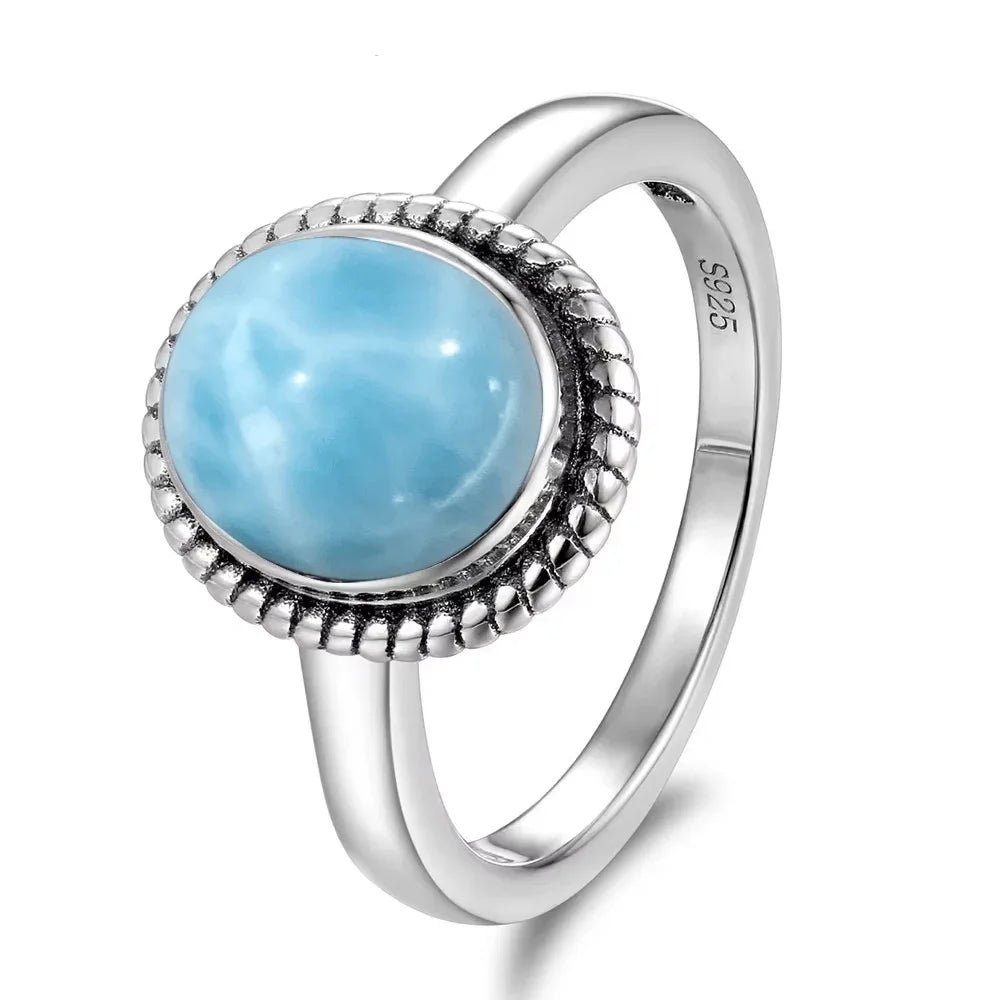Vintage 925 Silver Natural Larimar Stone Ring Round Flower Shape Sky Blue Sea Water Ring Fine Jewelry Ring Gift For Women Men