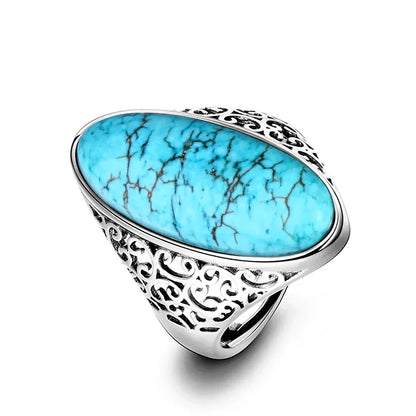 Rings for Women Silver Plated Fine Jewelry Vintage Blue Aventurine Turquoise Hollow Out Elegant Finger Ring Gift