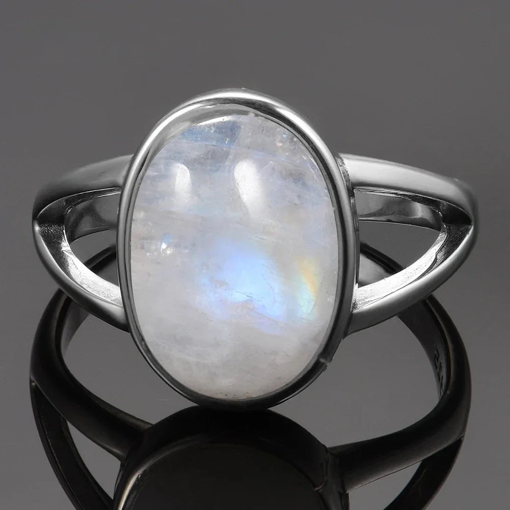 Round Oval Big Natural Moonstones Rings Women's Silver Plated Rings Gifts Vintage Fine Jewelry