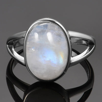 Round Oval Big Natural Moonstones Rings Women's Silver Plated Rings Gifts Vintage Fine Jewelry