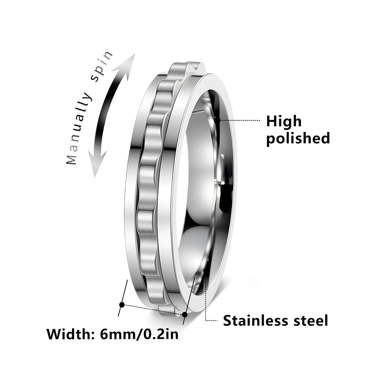 6MM Rotate Freely Spinning Stainless Steel Anxiety Rings For Women Spinner Fidgets Ring Anti Stress Men Rotating Punk Jewelry