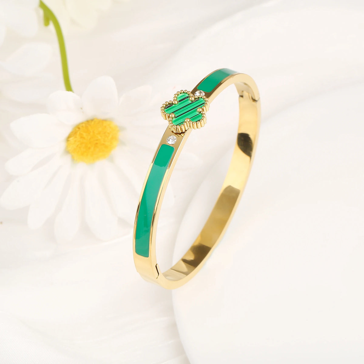 6 Colors Classic Luxury Stainless Steel Five Leaf Flower Open Bangle Simple for Woman Girl Party Trend Enamel Jewelry  Clover