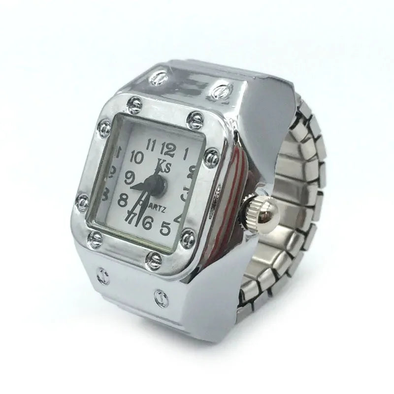 Punk Mini Quartz Watch Clock Finger Rings for Men Women Stainless Steel Elastic Strap Punk Couple Roman Ring Jewelry Gifts