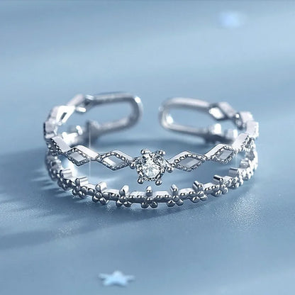 VENTFILLE 925 Sterling Silver Flower Lace Ring Korean Fashion Opening Inlaid CZ Adjustable Rings Valentine's Day Gift