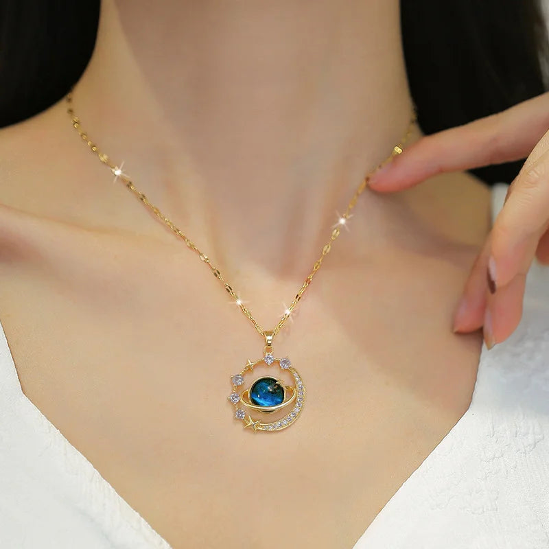316L Stainless Steel Sun Moon Star Pendant Necklace For Women Exquisite  Planet Clavicle Chain Party Jewelry Gifts
