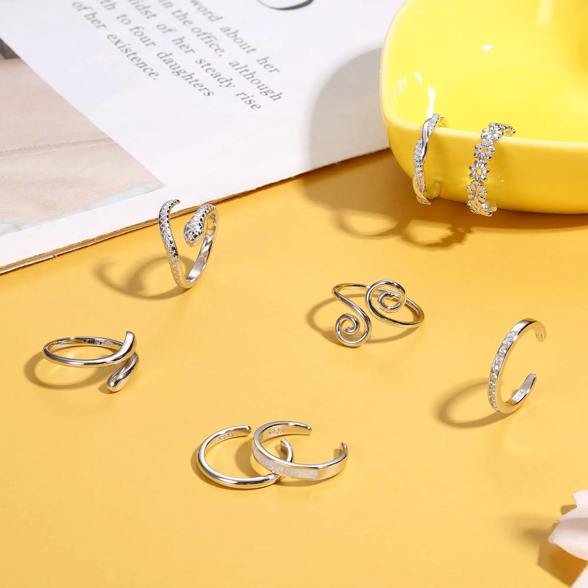 Fansilver S925 Sterling Silver Toe Rings for Women Adjustable White Gold Plated Flower Cz Snake Twist Opal Band Rings Jewelry