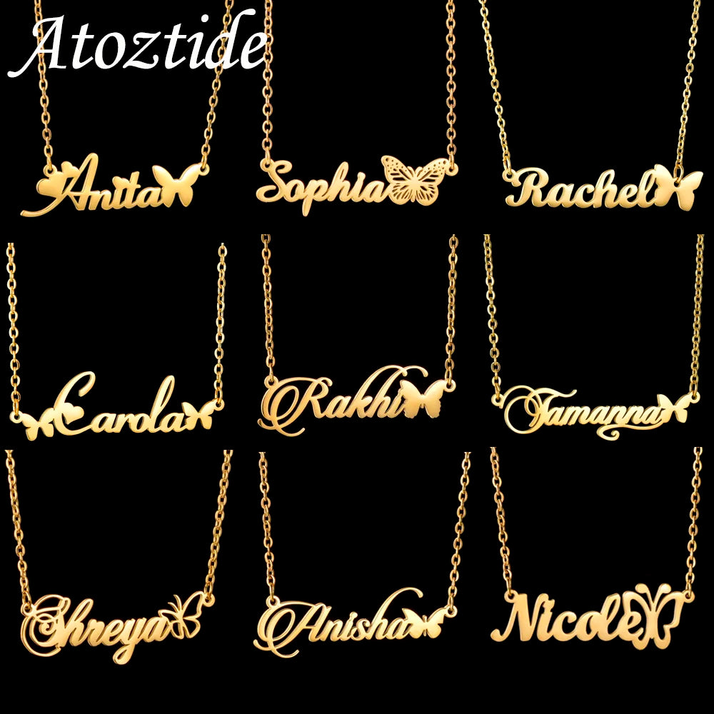 Atoztide Custom Name Necklace for Women with Butterfly Personalized Stainless Steel Jewelry Nameplate Choker Chain Birthday Gift