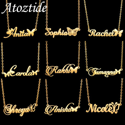 Atoztide Custom Name Necklace for Women with Butterfly Personalized Stainless Steel Jewelry Nameplate Choker Chain Birthday Gift