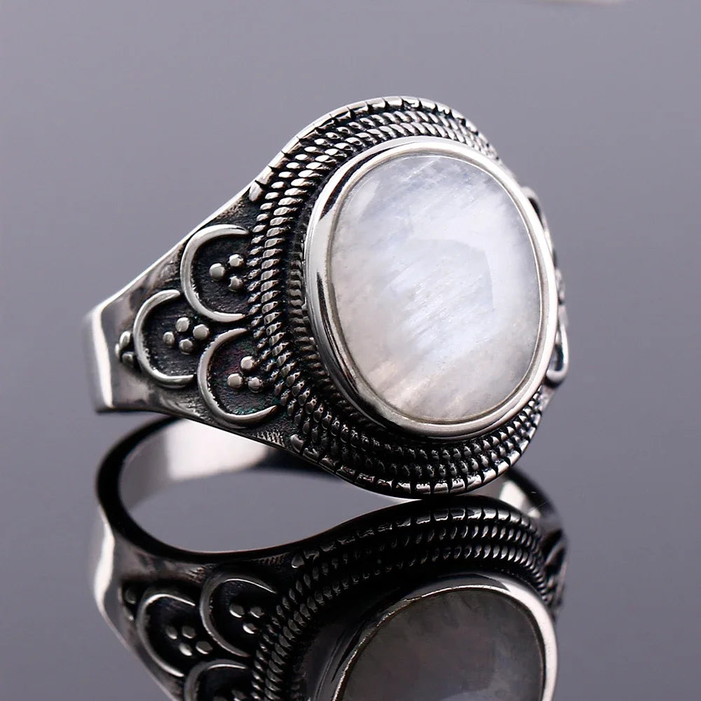 Round Oval Big Natural Moonstones Rings Women's Silver Plated Rings Gifts Vintage Fine Jewelry