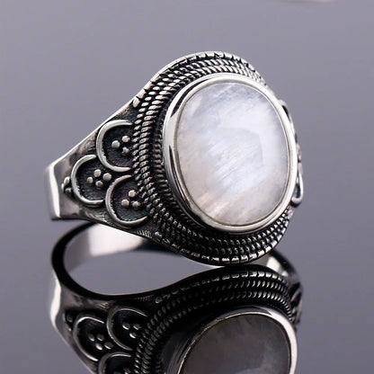 Round Oval Big Natural Moonstones Rings Women's Silver Plated Rings Gifts Vintage Fine Jewelry