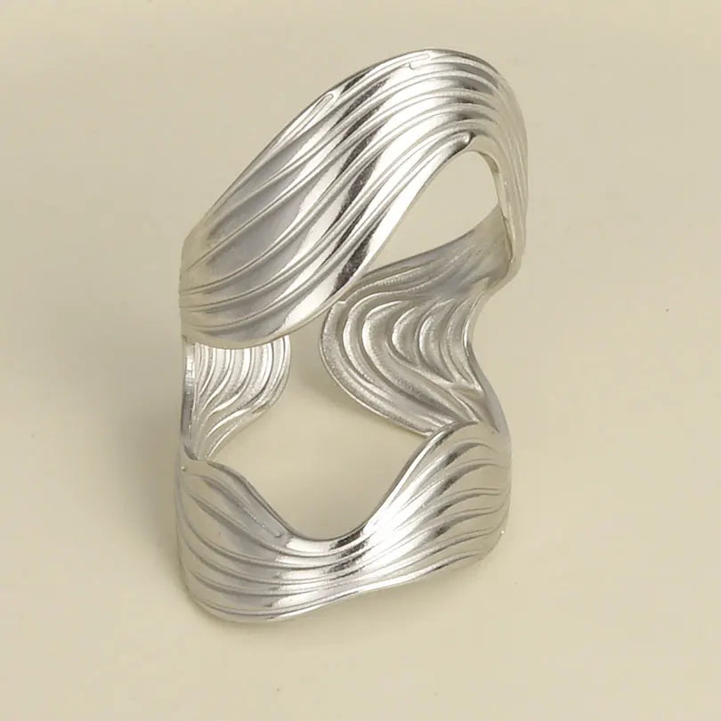 1Pc Stainless Steel Waterproof Women Personality Textured Chunky Open Rings Vintage Hollow Irregular Multi-layer Anillos Jewelry