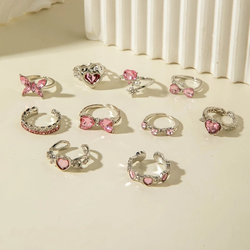 10Pcs/Set Pink Synthetic Zircon Heart Love Butterfly Rings for Women Bow Mix Style Fashion Open Adjustion Finger Jewelry Party