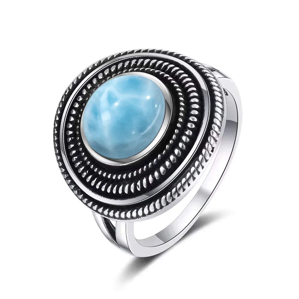 Vintage 925 Silver Natural Larimar Stone Ring Round Flower Shape Sky Blue Sea Water Ring Fine Jewelry Ring Gift For Women Men