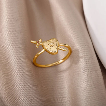 Sweet Heart Zirconia Rings for Women Stainless Steel Gold-Plated Layered Design Everyday Wear Valentine's Day Party Jewelry Gift