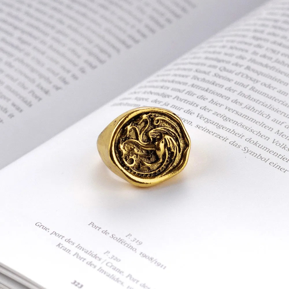 Dragon House Targaryen Ring Cosplay Three Head Dragon Golden Alloy Metal Rings Jewelry Party Costume Accessories Gifts