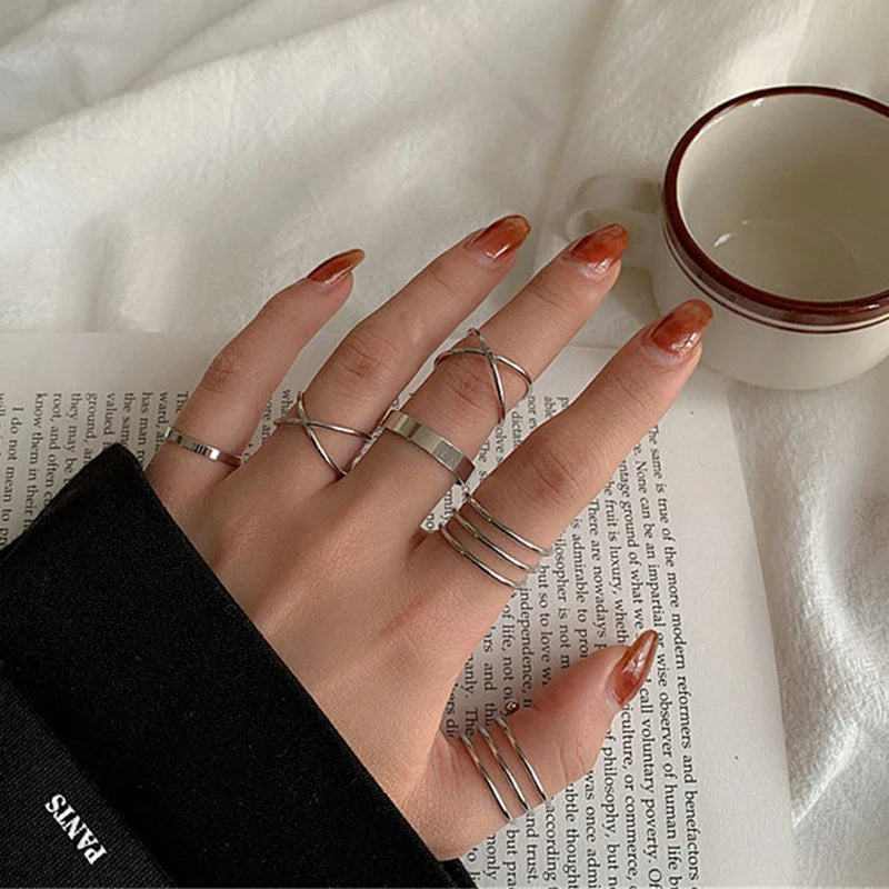 Boho Gold Color Cross Wide Rings Set For Women Girls Simple Chain Finger Tail Rings 2022 NEW Bijoux Jewelry Gifts Ring Female