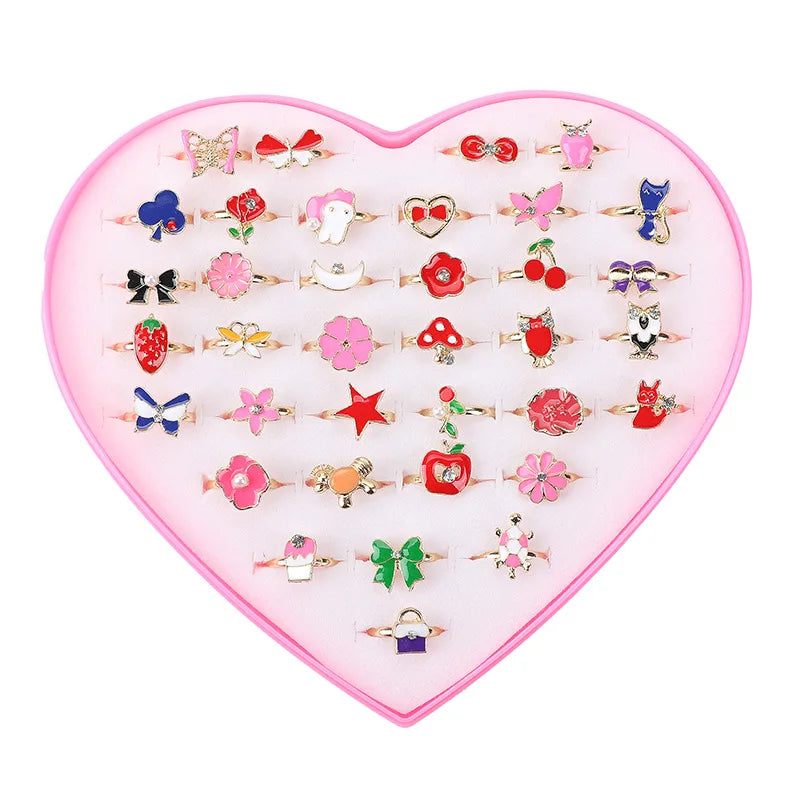 6/12/36pcs Cute Adjustable Rings for  Pretend Play Makeup Toys for Girls Cartoon Crystal Jewelry Alloy Rings Gifts for Girls