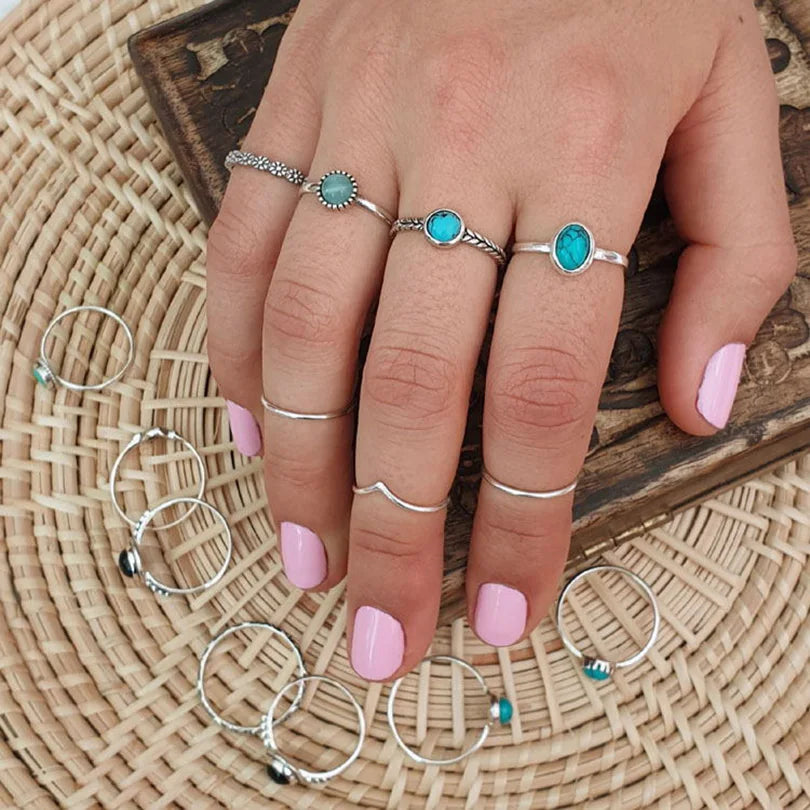 1pc Stainless Steel Boho Turquoise Open Finger Rings Trendy Adjustable Women Ethnic Multi Layers Stackable Anillos Jewelry