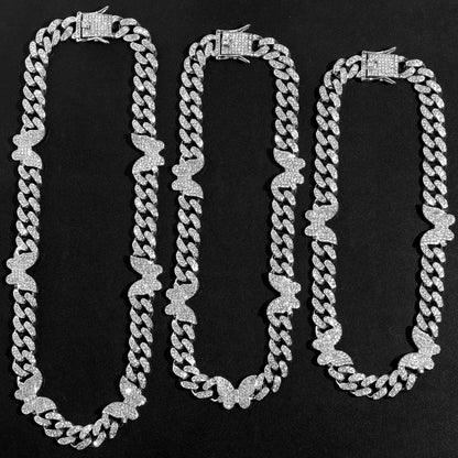 Hip Hop Butterfly Cuban Link Chain Necklace for Men Women, Iced Out Rhinestone Miami Chain, Unisex Bling Jewelry Gift