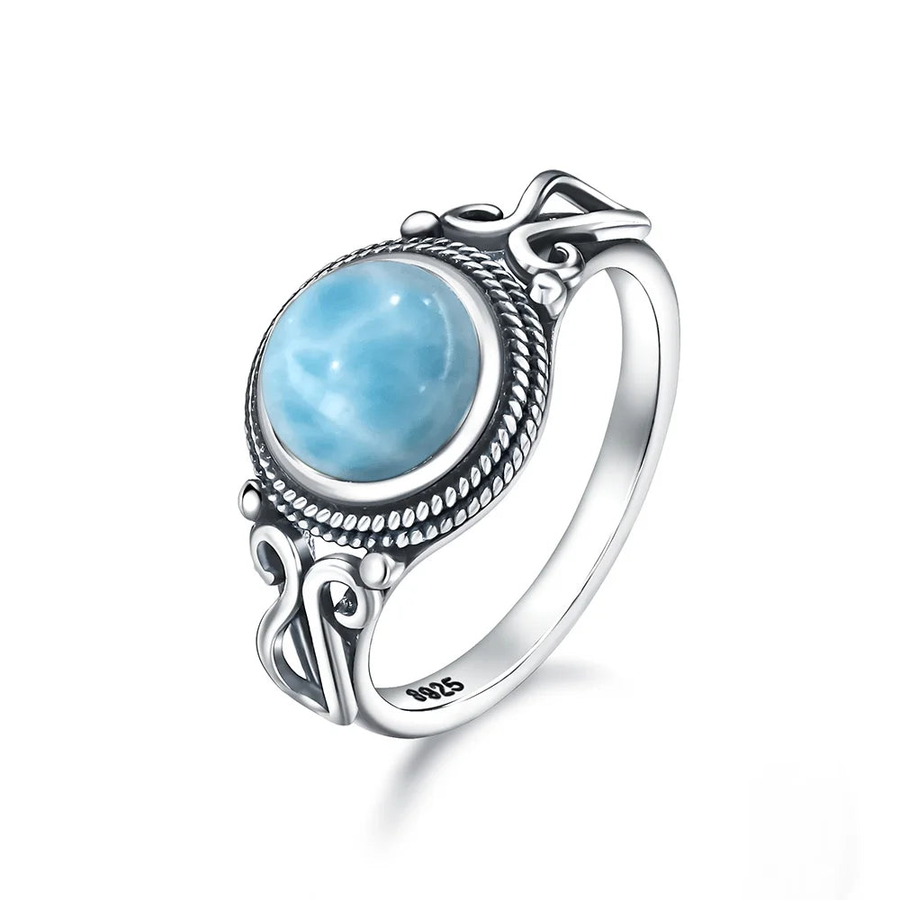Vintage 925 Silver Natural Larimar Stone Ring Round Flower Shape Sky Blue Sea Water Ring Fine Jewelry Ring Gift For Women Men