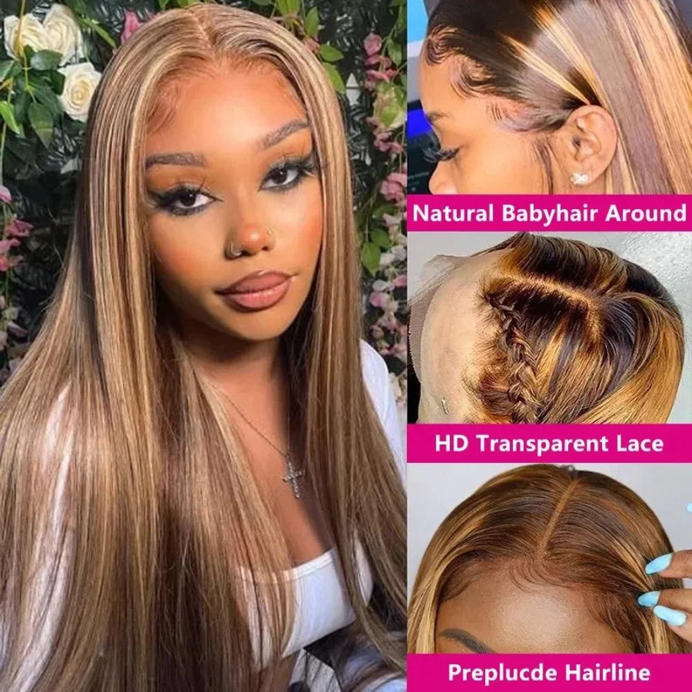 P4/27 Highlight Straight HD Lace Frontal Wig – Pre-Plucked 13x4 & 13x6, 200%
