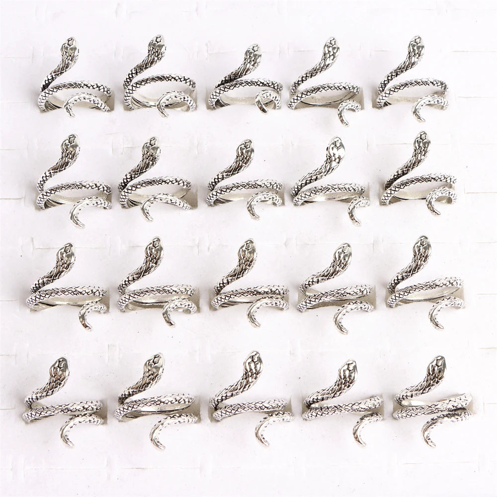 10pcs/lot Men Retro Punk Snake Rings For Women Antique Siver Color Opening Adjustable Jewelry Party Gifts