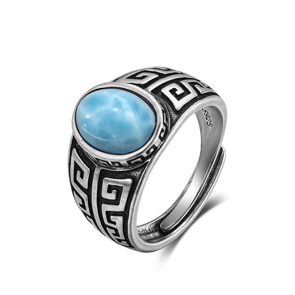 Vintage 925 Silver Natural Larimar Stone Ring Round Flower Shape Sky Blue Sea Water Ring Fine Jewelry Ring Gift For Women Men
