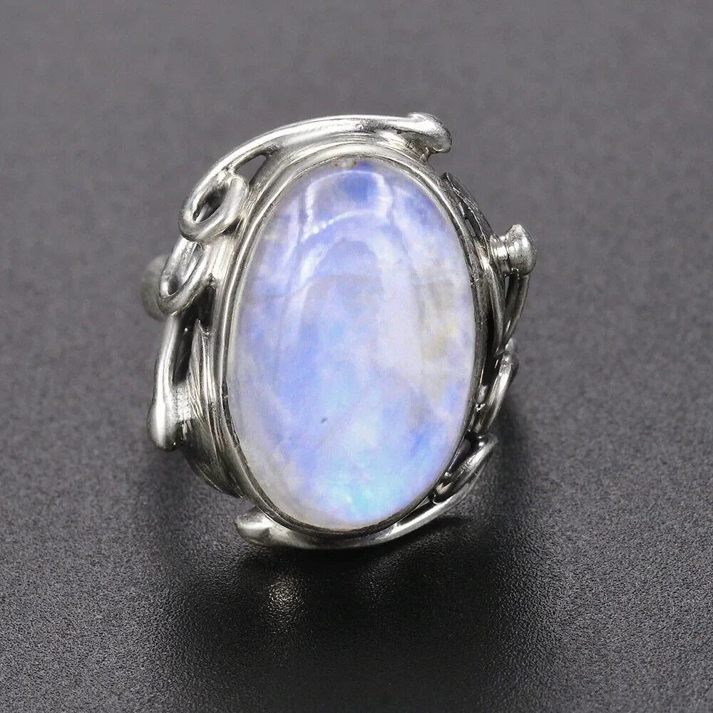 Round Oval Big Natural Moonstones Rings Women's Silver Plated Rings Gifts Vintage Fine Jewelry