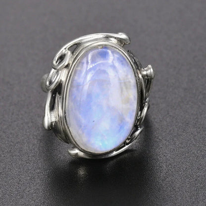 Round Oval Big Natural Moonstones Rings Women's Silver Plated Rings Gifts Vintage Fine Jewelry