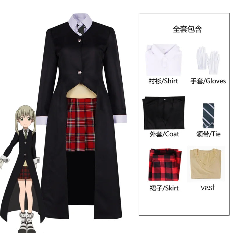 Maka Albarn Cosplay Costume Anime Soul Eater JK Unifrom School Suit Wig Skirt Accessories Full Set Long Coat  Role Play Outfit